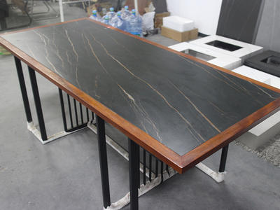 Professional Manufacturer Black Marble Effect Sintered Stone Table With Wood Edge