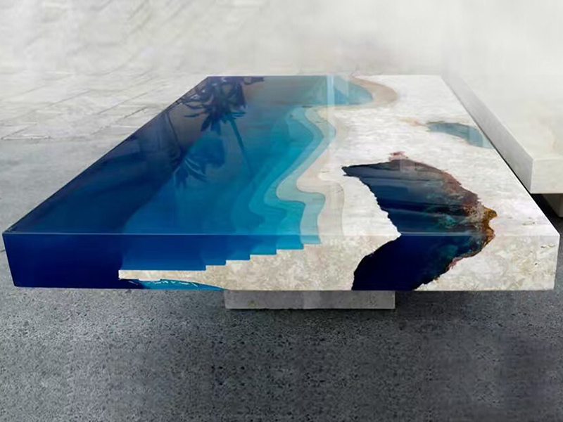 Modern Sea Blue Design Beige Travertine Marble Coffee Table