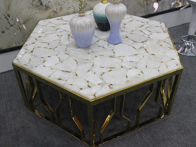 Custom Made Personalized White Hexagon Semiprecious Stone Table
